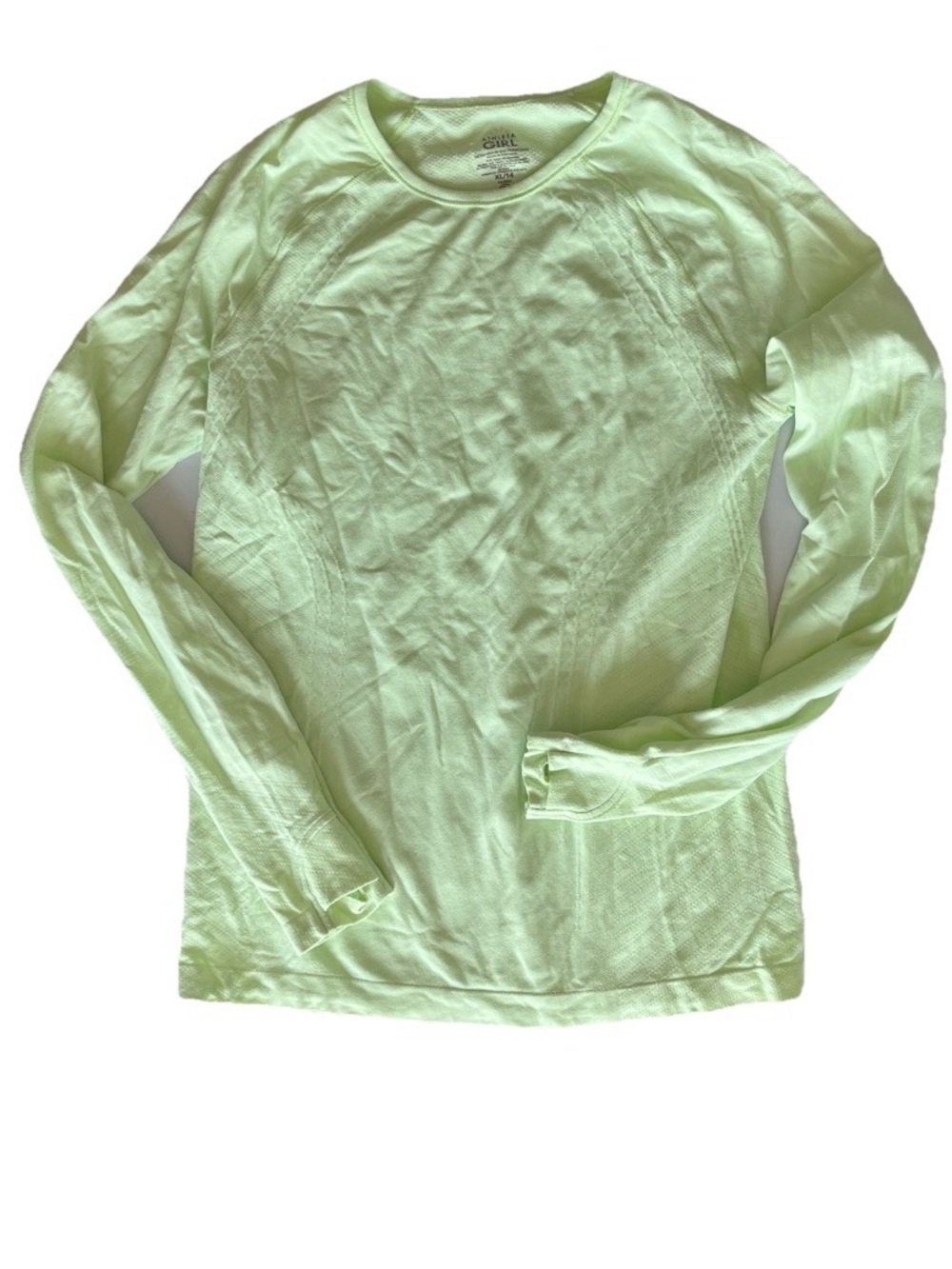 Athleta Girl seamless long sleeve shirt XL 14 top thumbholes green performance